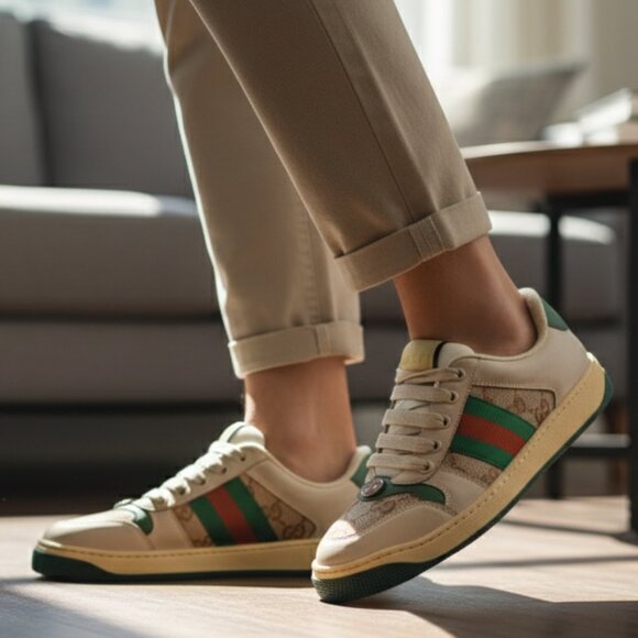 GUCCI Screener suede distressed leather and canvas sneakers - Picture 1 of 10